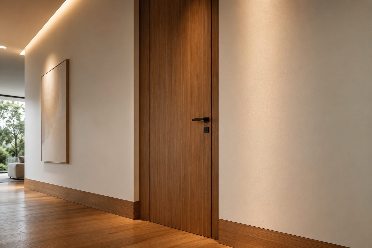 Hall sob medida, porta e rodapé de madeira